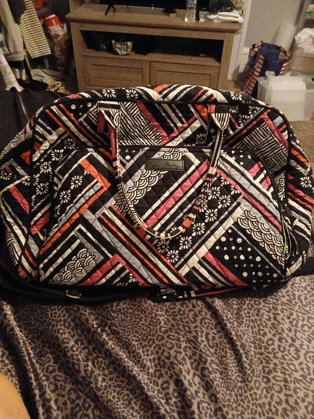 Vera Bradley Quilted Travel Duffel in Black with Pink & Orange Stripes